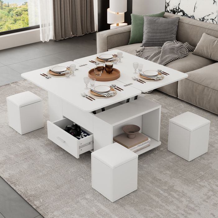 Table basse relevable 100x50x45cm - multifonction 4 en 1 - avec 1 tiroir - avec 4 tabourets - blanc Table basse relevable 100x50x45cm - multifonction 4 en 1 - avec 1 tiroir - avec 4 tabourets - blanc