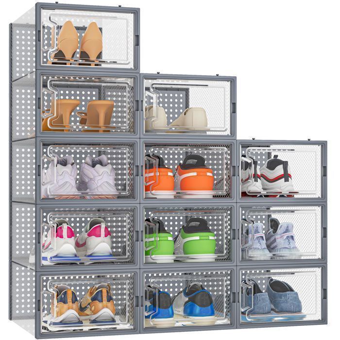 12pcs rangement chaussure boîtes de rangement pour chaussures en plastique transparent empilablesconteneurs pour organisateur gris