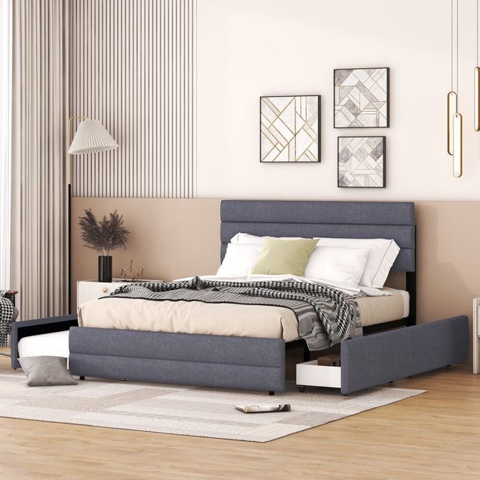 Lit plateforme 140 x 200 avec lit gigogne et deux tiroirs rangement pratique élégant et simple gris (matelas non inclus)