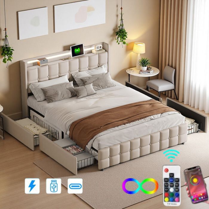 ADWOLT Lit double 180x200 cm avec LED et 4 tiroirs USB lit adulte 180x200 cm avec sommier à lattes tissu en lin beige