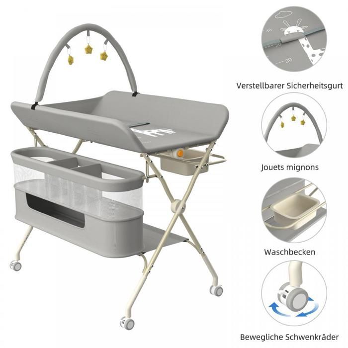MIPAN. Table À Langer Pliable Pour Garçon - Commode a langer - Meuble a langer - Hauteur Réglable - Avce Arche de jeu - Gris