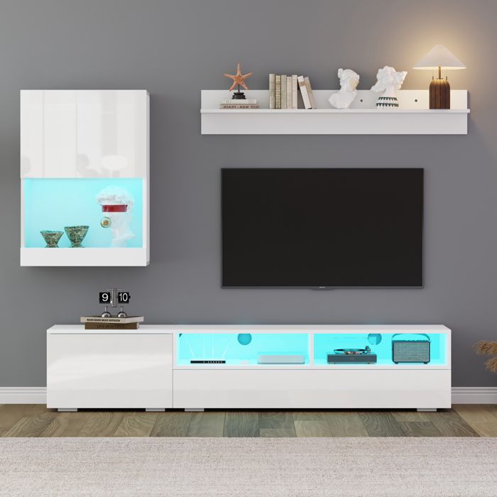 Ensemble meuble TV 3 pièces - Meuble TV + meuble mural + étagère murale - Avec LED et finition haute brillance - Blanc Ensemble meuble TV 3 pièces - Meuble TV + meuble mural + étagère murale - Avec LED et finition haute brillance - Blanc