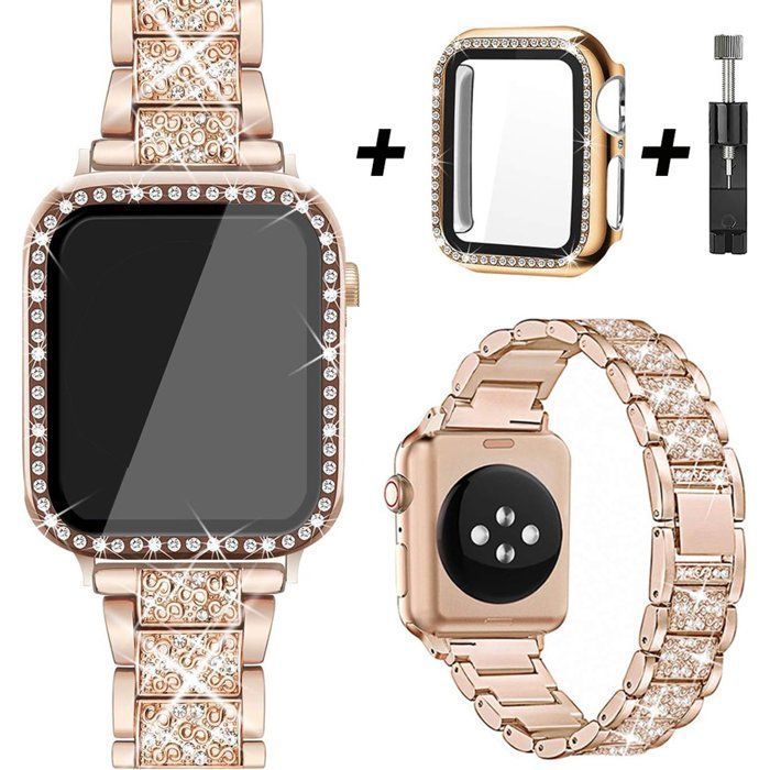 Stravo Bracelet Bling en métal + étui de protection strass + outil de réglage – Compatible Apple Watch 42 mm Series 10/11 – Or rose
