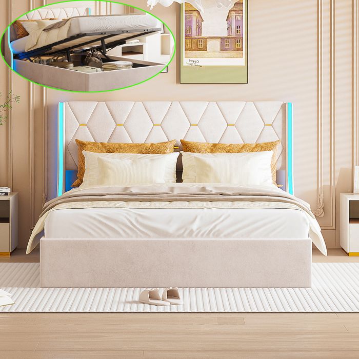 LED Lit Coffre 160x200 – Velours – Lit Rembourré avec Rangement – Lit Adulte/Lit Ado – Lit Double 160x200 avec Sommier – Beige