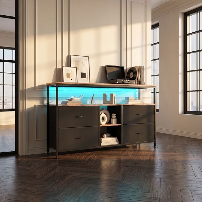 Buffet Bahut de Salon RWUDV - 137 cm - 4 Tiroirs - Meuble TV avec LED - Placard de Buffet Salon Armoires de rengement Moderne - Noir