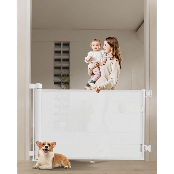 Barrière de sécurité rétractable barrière pour bébés et chien protection escalier porte couloir Blanc(180*86cm/Perçage nécessaire)