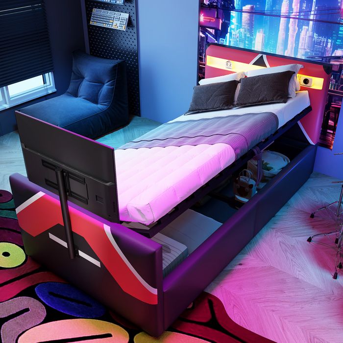 Lit coffre 90x200cm avec éclairage LED et meuble TV  sommier à lattes et tête de lit lit gaming en similicuir (rouge + noir)
