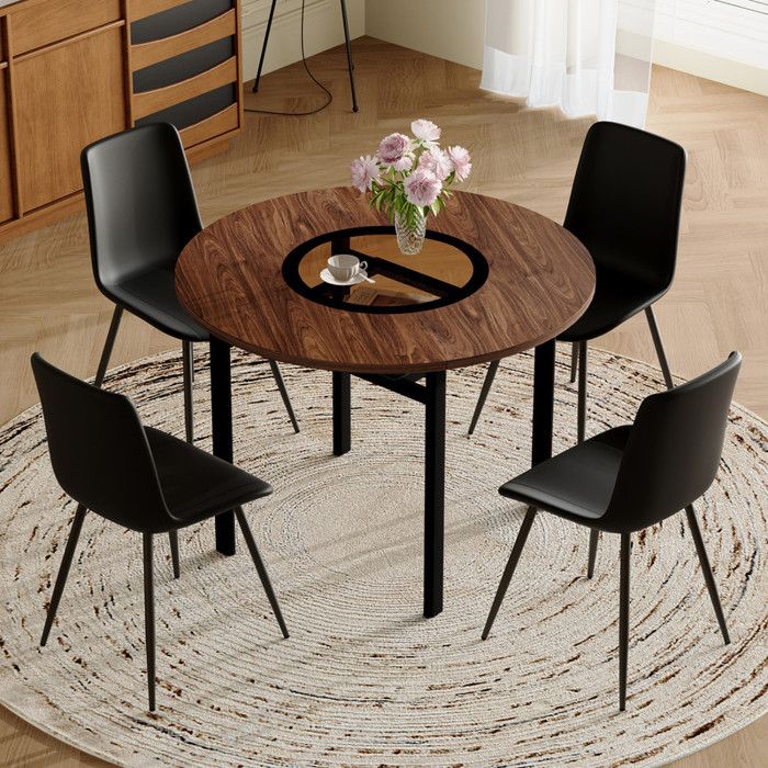 Ensemble de table ronde - 100 cm - Rangement intégré - 4 fauteuils PU noir - Design contemporain