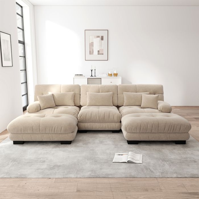 Canapé nuage en forme de U canapé 3 places en chenille avec coussins et pouf canapé capitonné avec accoudoir pour salon café clair Canapé nuage en forme de U canapé 3 places en chenille avec coussins et pouf canapé capitonné avec accoudoir pour salon café clair