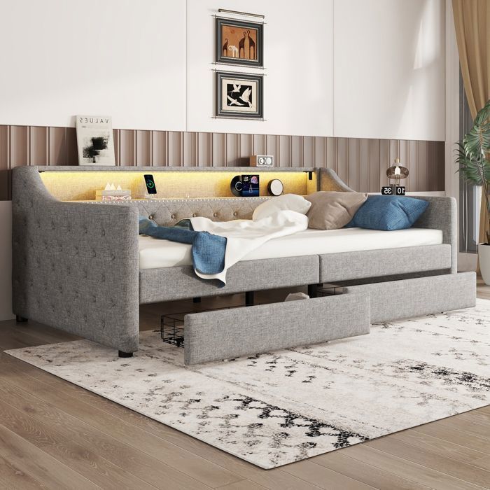 Canapé-Lit Gigogne 90 x 200 cm avec 2 Tiroirs Lit Rembourré avec LED et USB et Sommier à Lattes MDF Matelas Non Inclus Gris Lin