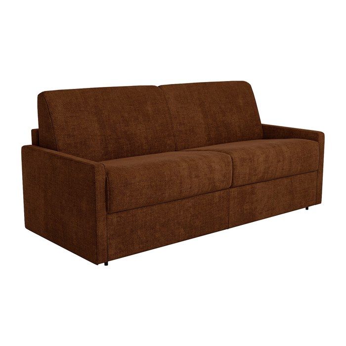 Canapé 2 places convertible express en tissu terracotta - Couchage à lattes larges 120 cm - Matelas 22 cm avec mémoire de forme