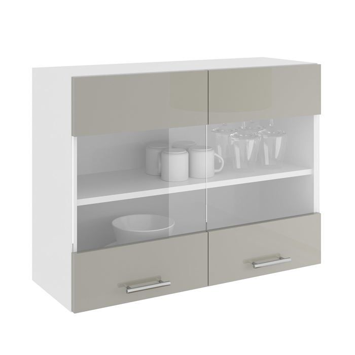 Meuble haut haaus Karo 2 portes vitrées Gris Brillant/Blanc MDF 80 x 30 x 60 cm