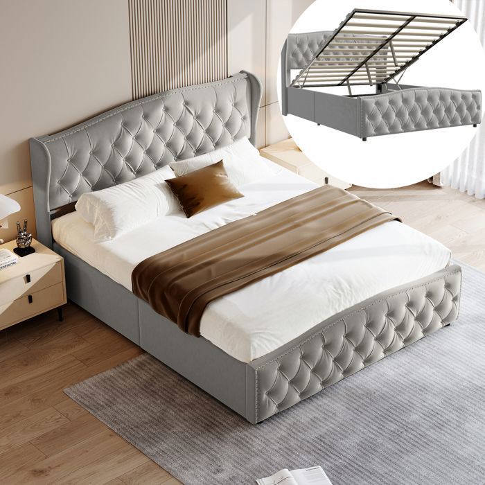 Lit coffre 160 x 200 cm lit 160 x 200 avec sommier lit double capitonnélit 2 personnes avec sommier à lattes en boisVelours gris