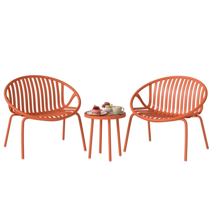Salon de jardin - ensemble bistro - Outsunny - 3 pièces table basse à plateau concave - acier et PP - 80x70x75cm - rouge brique