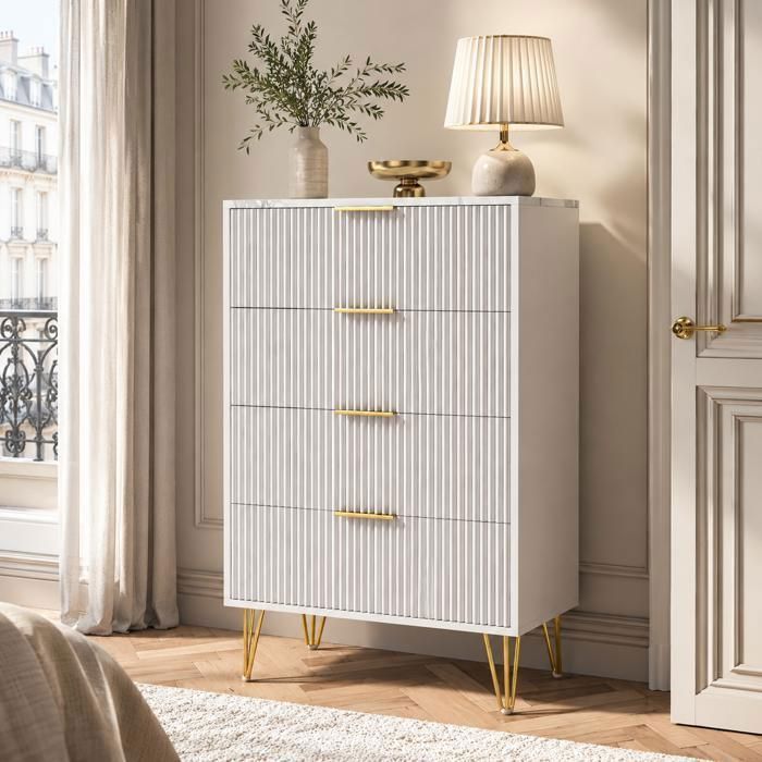 Commode 4 Tiroirs - AKABER - 95x60x34cm - Avec 4 pieds et poignées en métal - Conception en bois massif - Pour SalonChambre - Blanc