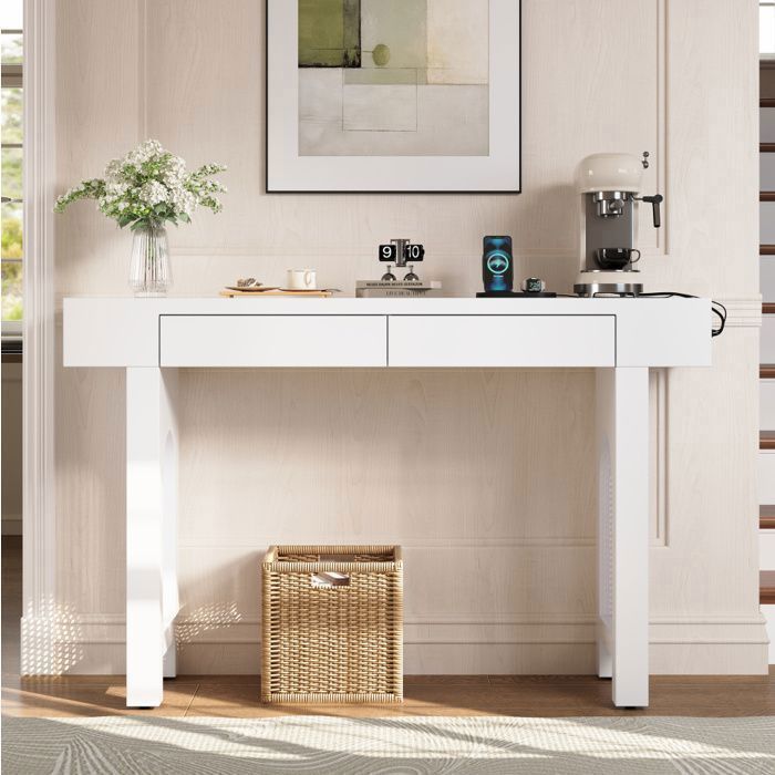 Console blanche minimaliste avec 2 tiroirs et bloc multiprise intégré