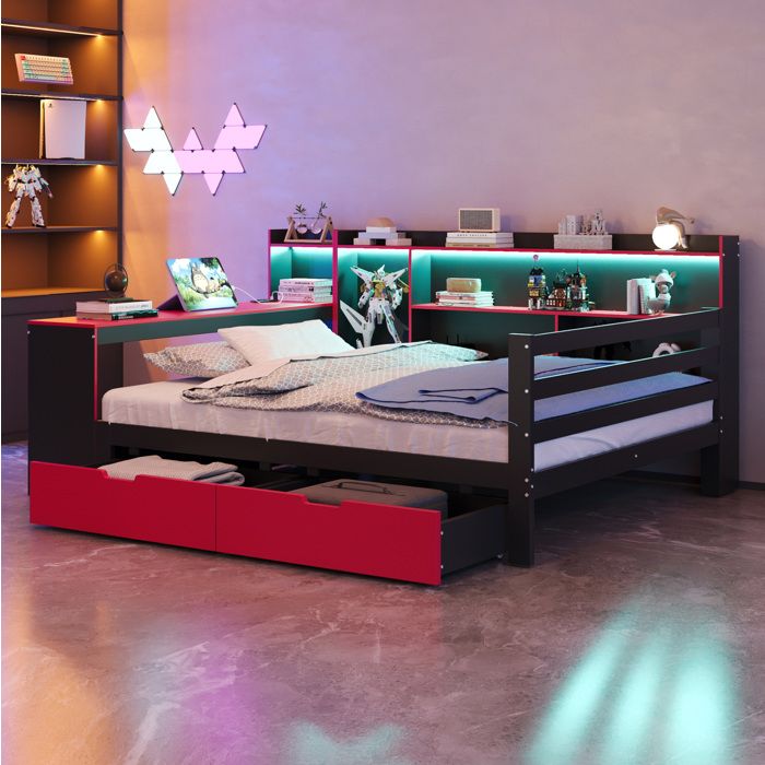 Lit combiné double 140×200 cm bureau intégré bibliothèque étagères tiroirs LED et prises - BEAUNIV - sans matelas