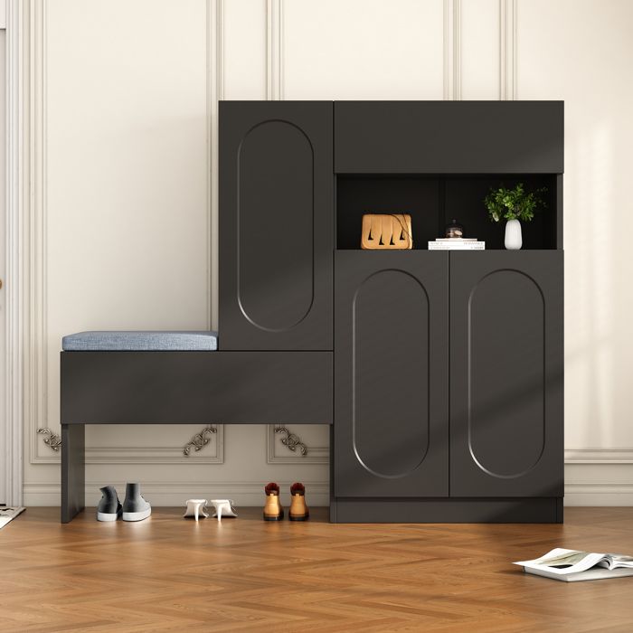 Meuble à chaussures 2 en 1 avec portes bombées Fermeture douce étagères réglables et banc rembourré Noir 130 cm