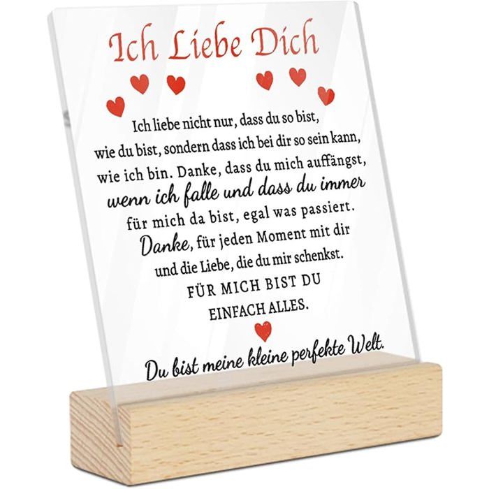 Plaque en acrylique avec socle en bois - Design « Ich Liebe Dich » - Message amour pour partenaire anniversaire OBJET DECORATIF