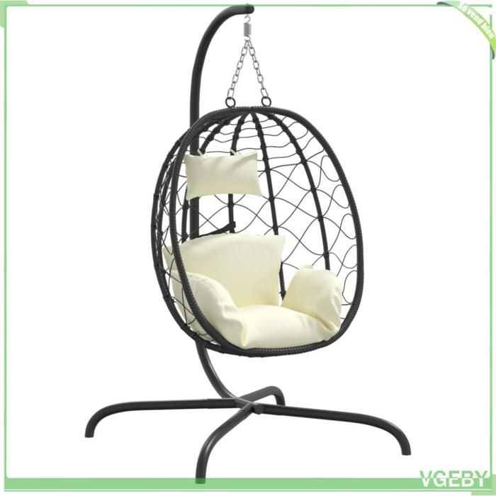 Fauteuil suspendu œuf - FAFEICY - 360046 - Rotin PE résistant - Acier thermolaqué - Coussin blanc crème