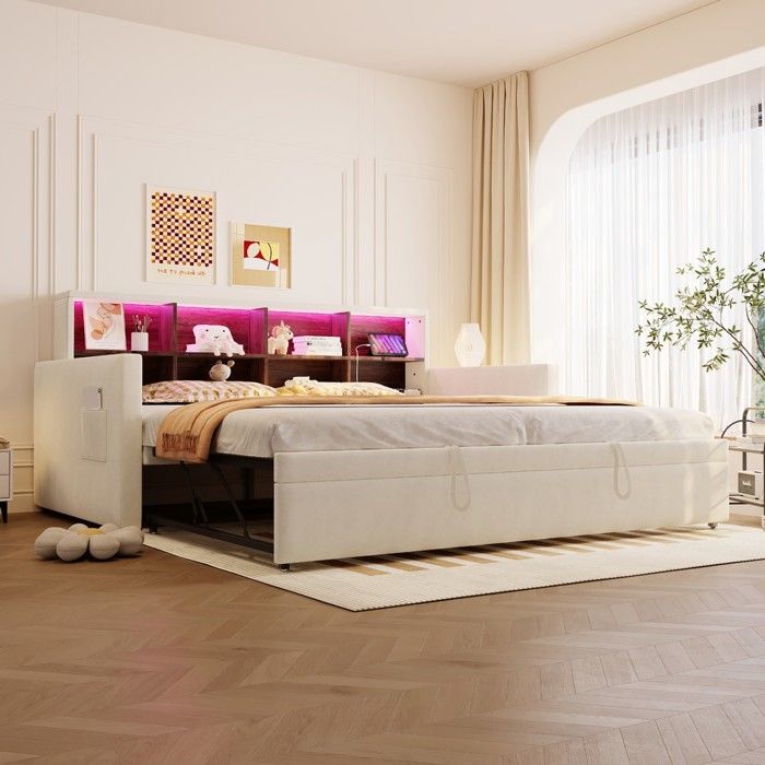 Lit canapé capitonné - Zephmum - 90x190 tête rangements LED prise tiroir extensible velours beige