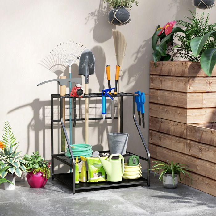 Range-outils de jardin étagère de rangement 3 niveaux pour garage avec crochets