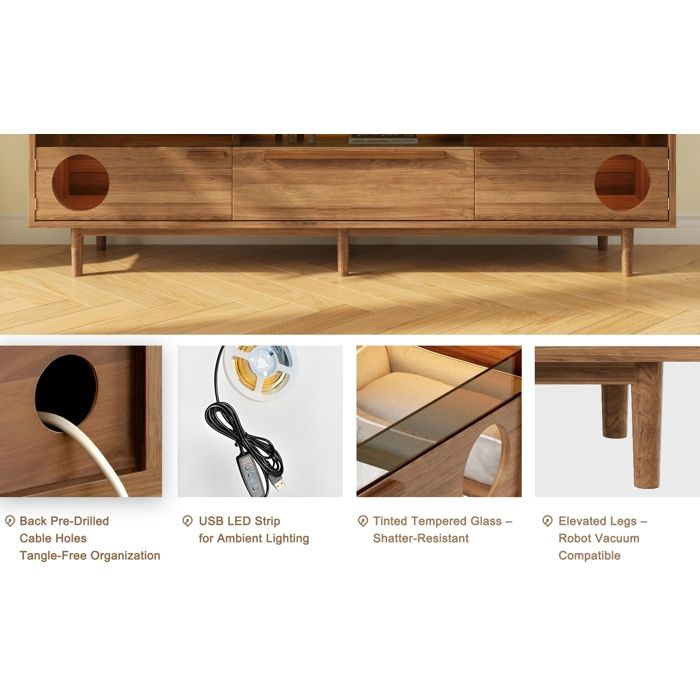HOMVRA Meuble TV 180x40x50 cm avec LED espace pour chat 2 portes 1 tiroir coloris noyer