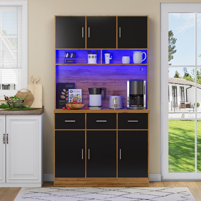 Buffet De Cuisine 100 x 40 x 180 cm Avec LED Contrôle Par Application 6 Portes 3 Tiroirs Prises USB Étagères Réglables