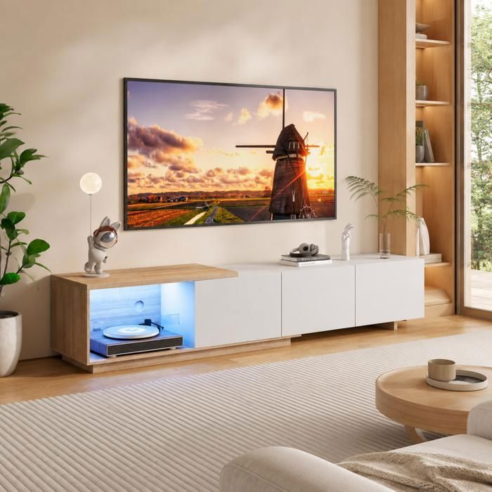 Meuble TV Extensible avec 3 Tiroirs à Poussée Meuble TV Bas avec Eclairage LED Meuble Télé de Salon Large Plateau Blanc