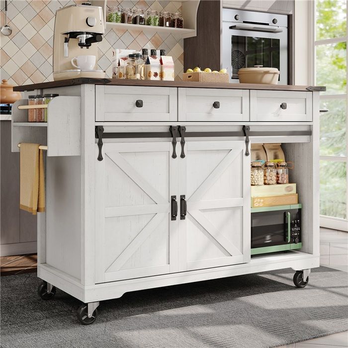 Table roulante de cuisine plateau extensible intégré buffet bas avec 2 vantaux coulissants et 3 tiroirs finition imitation bois