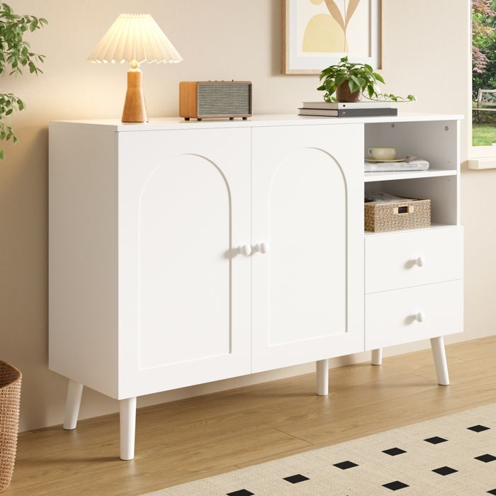Buffet Bas 2 Portes 2 Tiroirs 2 Niches Ouvertes - TCQPZ - Poignees en Bois - MDF et Panneaux de Particules - Blanc