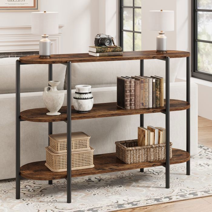 Table console industrielle 3 niveaux – Meuble dappoint rétro à étagères ouvertes – Salon/entrée/cuisine -MDF gain de place – Marron