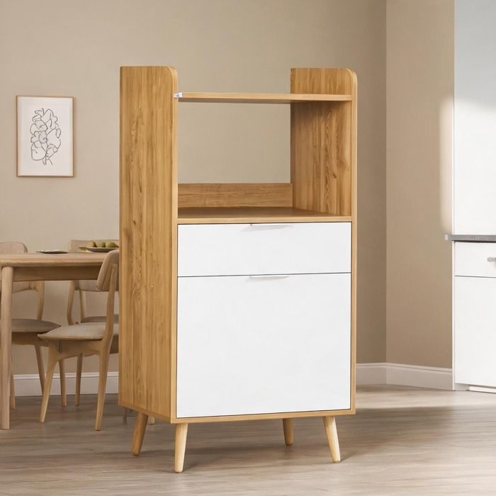 Meuble desserte de cuisine en panneau de particules finition bois naturel et blanc étagère réglable 118 cm
