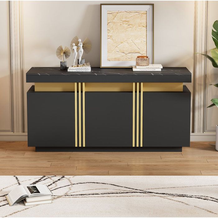 Buffet bas moderne AESVAR 3 portes 140x38x70 cm 6 compartiments effet marbre noir et or