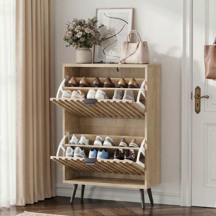 Meuble à chaussures bois naturel de 60x24x95cm-avec deux compartiments basculants et texture de surface rainurée Meuble à chaussures