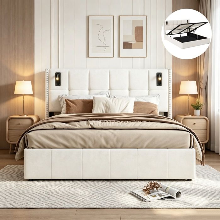 Lit double 140 x 200 cm - Avec lampe de lecture prise USB et rangement hydraulique - Sommier à lattes - Métal - Velours beige