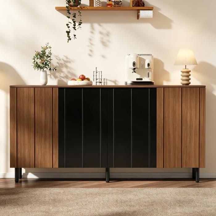 Buffet de Cuisine 160cm Enfilade 4 Portes Noyer et Noir Meuble de Rangement Salle à Manger avec Étagères Charge 80kg