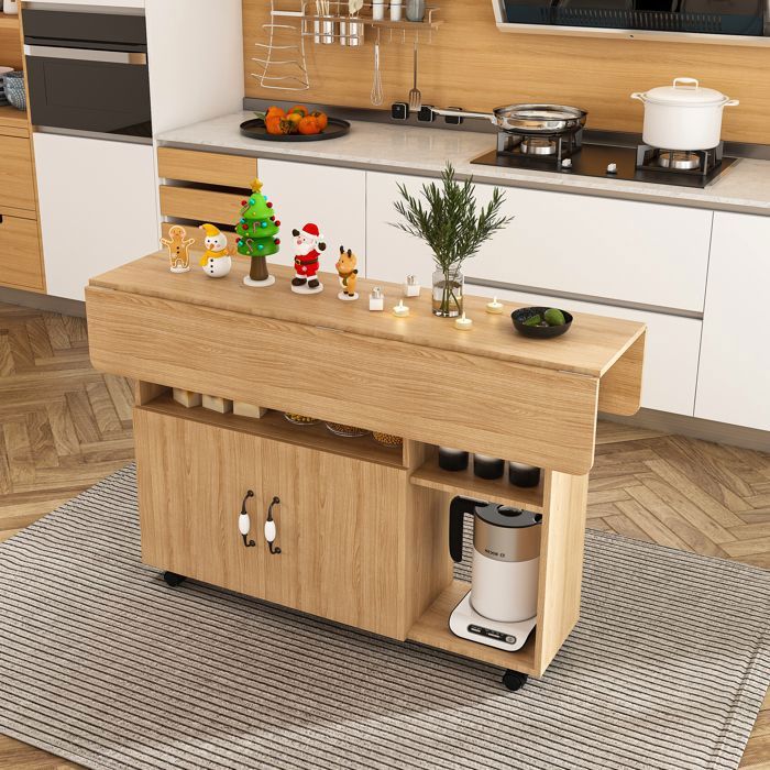 MEUBLIV Table de cuisine pliante mobile 110 x 70 x 80 cm avec rangements 5 roulettes MDF chêne clair