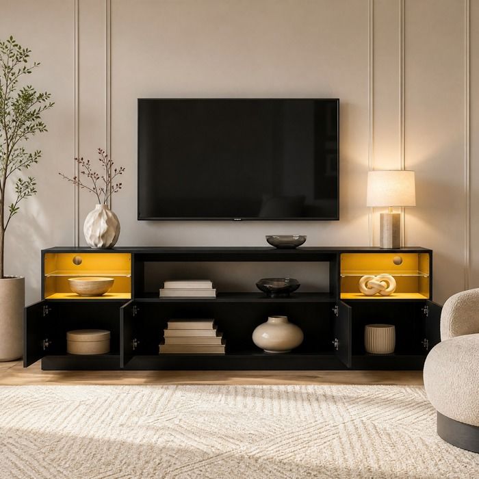 MEUVYX Meuble TV LED 180 cm noir brillant 4 portes 8 rangements 2 étagères en verre trempé pour 50 à 75 pouces