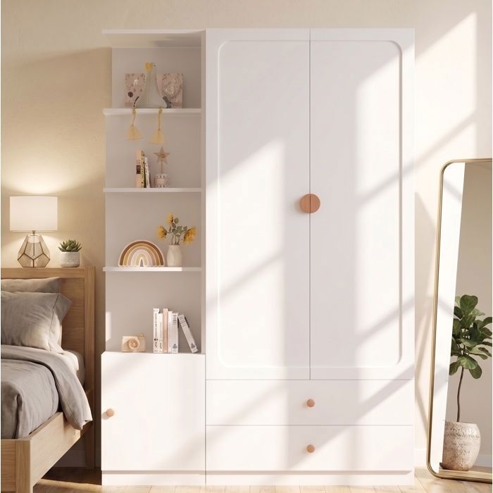 MEULVA Armoire blanche 135 x 45 x 200 cm avec 2 penderies 2 tiroirs et meuble latéral modulable