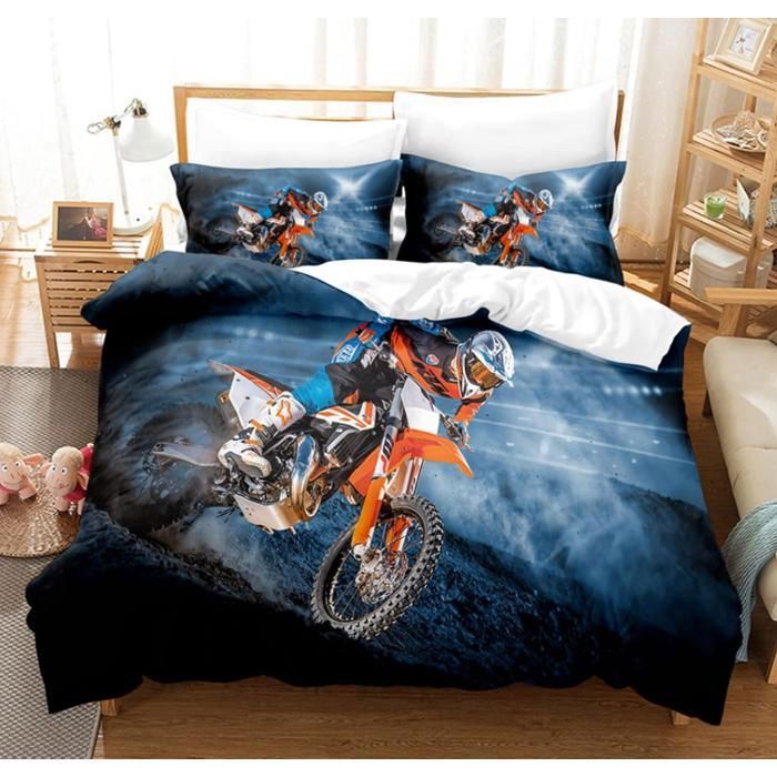 Housse De Couette Moto Blue 140x200cm Moderne Bleu Housse de Couette Moto Cross en Microfibre Adultes Hommes Enfants - 69B