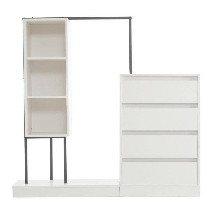 Armoire dressing blanche et noire - 4 tiroirs 3 niches et tringle - 140 x 40 x 135 cm