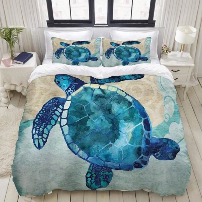 Housse De Couette 220x240 Cm - Motif Tortue De Mer Bleu - Microfibre Douce - 2 Taies 65x65 Cm