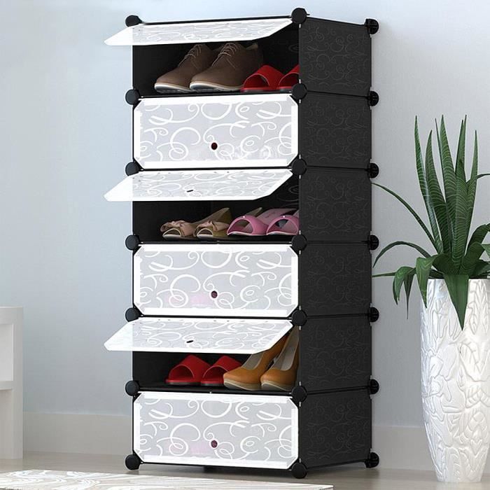 etagère à chaussures modulable en plastique noir - 6 niveaux - capacité 12 paires - 45x36x105 cm