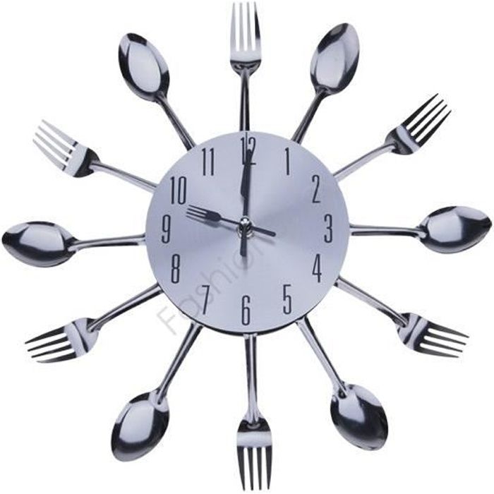 Élégant Cool Design moderne Horloge murale Argent coutellerie de cuisine Ustensile Vintage Design Horloge murale fourchette cuillère