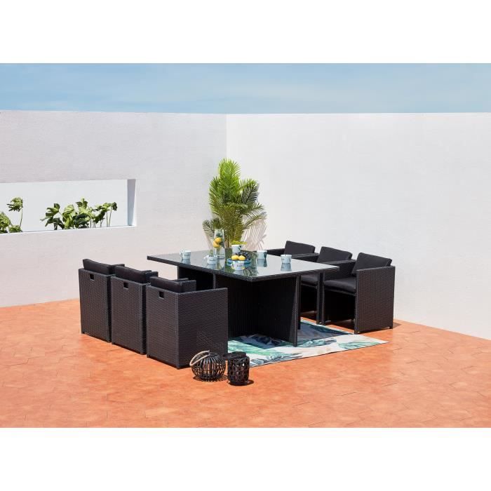 salon de jardin encastrable - 6 personnes - miami - concept usine - résine tressé poly rotin - contemporain - noir