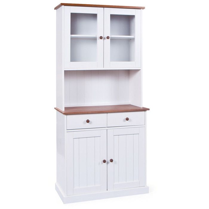 SOCOA - Buffet Vaisselier 4 Portes 2 Tiroirs Bois Massif Vernis Sepia et Blanc