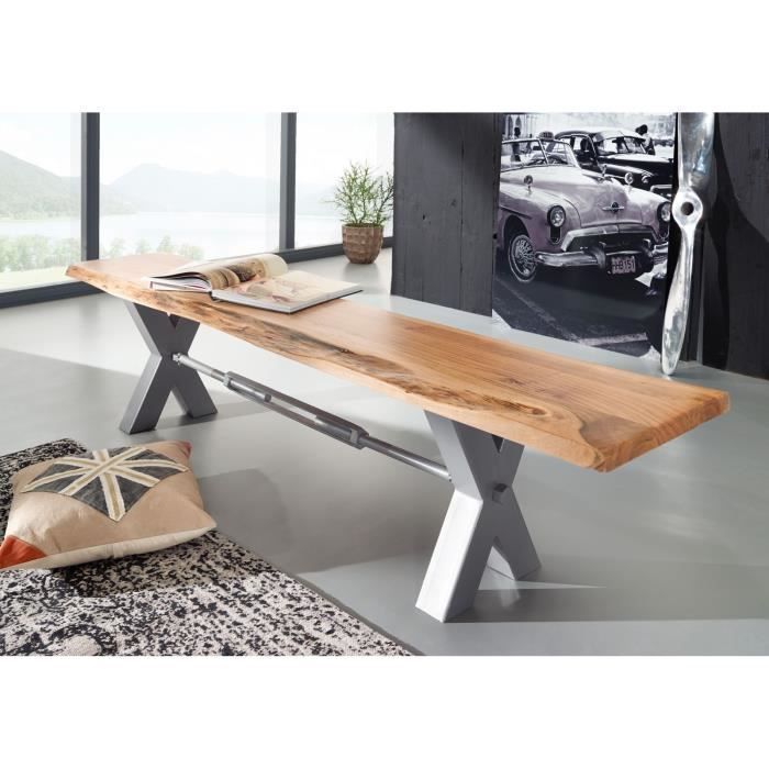 Banc 200x38cm - Fer et Bois massif dacacia laqué (Bois naturel/Gris) - IRON LABEL 137