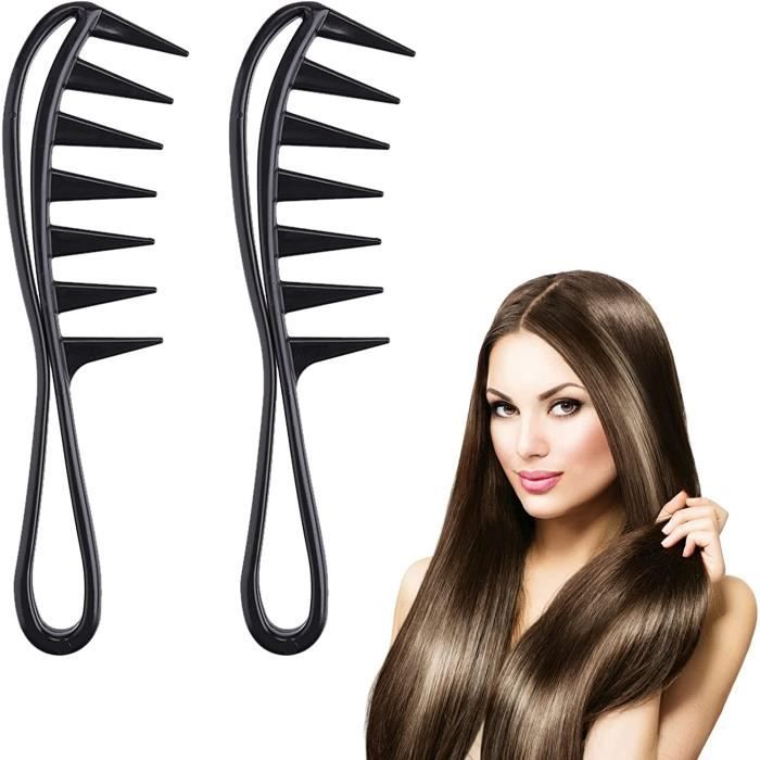 Peigne à Dents Larges Manche Rond - Accessoire Cheveux Noir Et Rose - Pour Tous Types De Cheveux