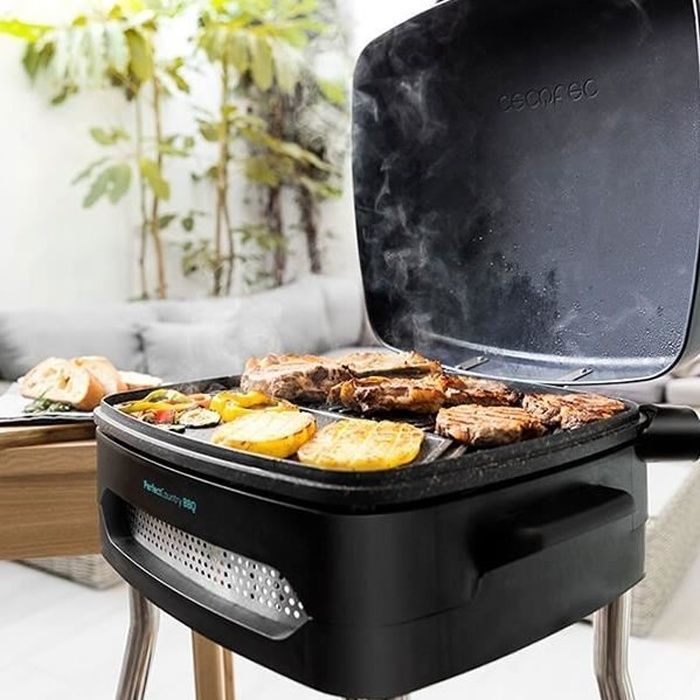 Barbecue Electrique sur Pied et de Table avec Couvercle et Plancha pour Intérieur et Extérieur Haut de gamme Noir